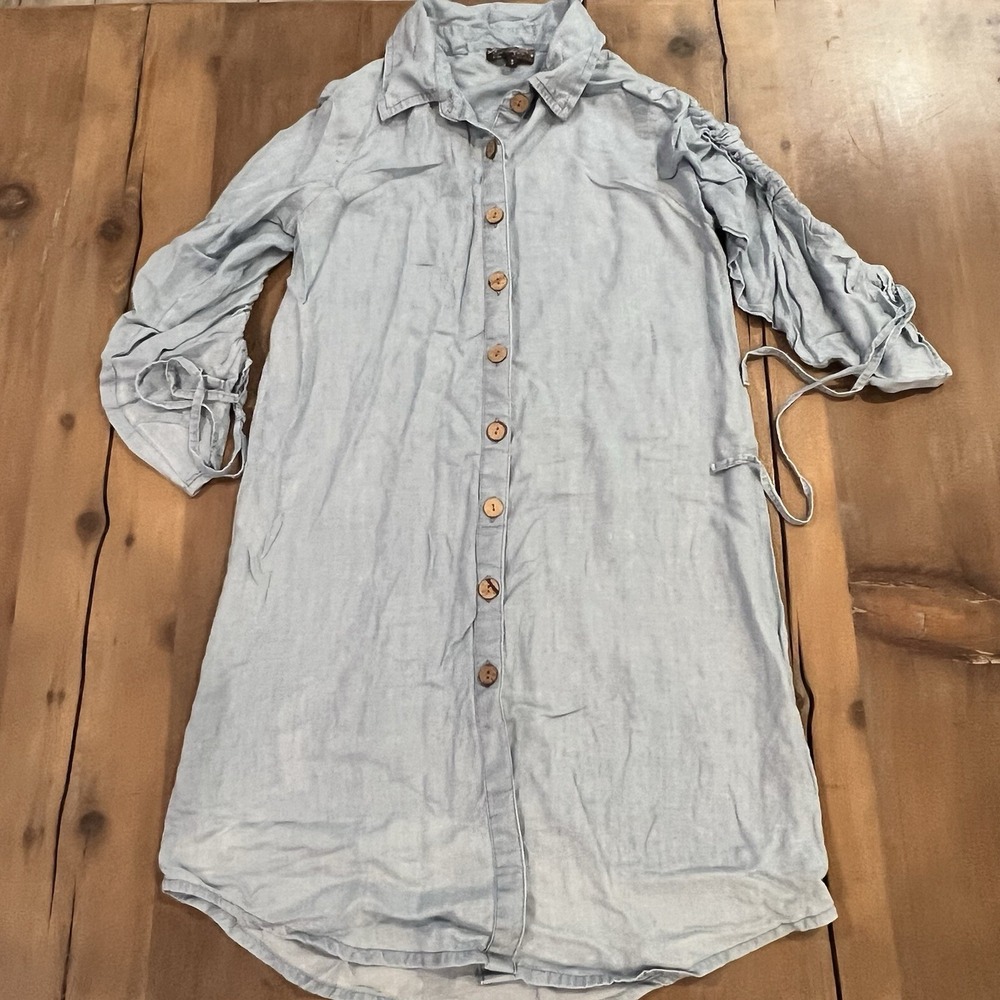 J. Gee Chambray Button Front Collared Shirt Dress Cinched 3/4 Sleeve Small